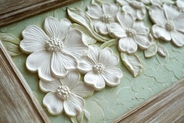 Fototapeta premium Ornate floral wall decor in light beige and sage green.