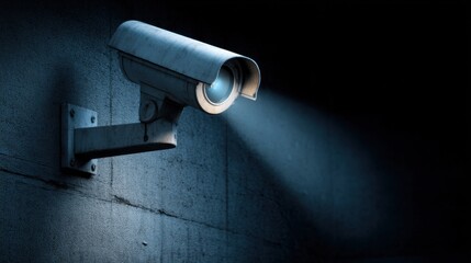 Security Camera on Wall in Dark Room Close Up Surveillance System Low Angle Perspective