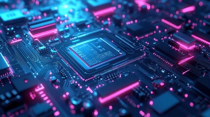 Obraz premium Close-up of a computer's central processing unit and circuitry, glowing with vibrant pink and blue light