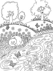 Obraz premium Whimsical black and white illustration of a cat relaxing by a stream in a magical garden