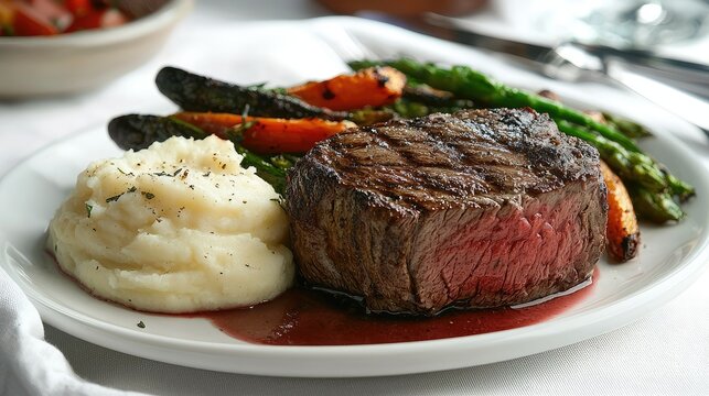 A perfectly cooked steak with a side of mashed potatoes and grilled vegetables, set on a fine dining plate with an elegant white tablecloth backdrop.