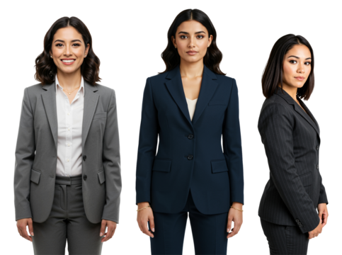 Three diverse young adult women in professional business suits standing against a transparent background, looking confident and ready for work.