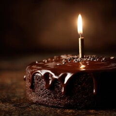 Obraz premium Dark chocolate cake with candle celebration close up studio shot dessert birthday treat sweet indulgence