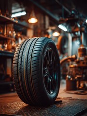 Obraz premium New car tire close up in mechanic shop garage on metal surface eye level automotive industry