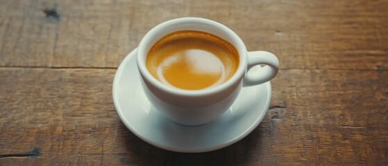 Obraz premium Espresso Cup on Wooden Tabletop Close-up: Small White Ceramic Cup Filled with Freshly Brewed Coffee Beverage on Rustic Wood Surface from Above
