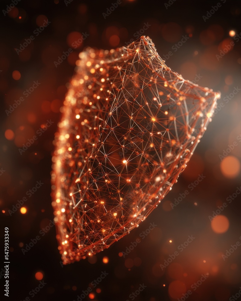 Poster abstract glowing shield floating in dark space; digital rendering of security and protection concept