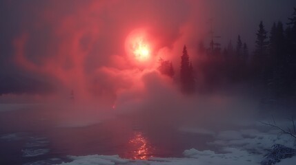 Fototapeta premium Red Glowing Sky Over Misty Lake And Dark Forest Trees With Reflections