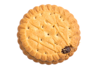 Round sandwich cookie with a bite taken out