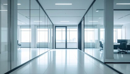 A spacious, modern hallway featuring sleek glass walls and doors, allowing natural light to flood the area, enhancing the contemporary aesthetic.