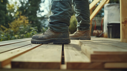 Person in Work Boots Standing on Wooden Deck