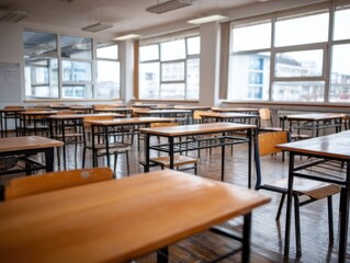 Empty Classroom Interior View with Desks and Chairs in Rows Under Windows for Education Concept