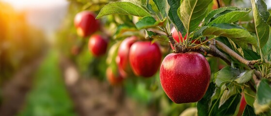 Obraz premium Close-up of Red Apples Hanging on Tree Branch in Orchard at Sunset; Selective Focus on Fresh Fruit in Agricultural Setting