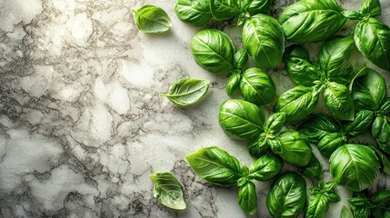 Obraz premium Fresh basil leaves scattered on marble countertop