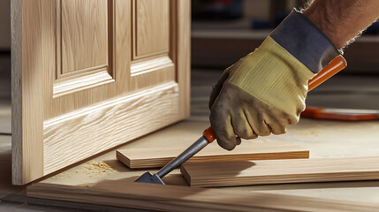 Carpenter Using Chisel on Wooden Door