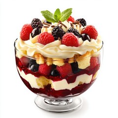A decadent berry trifle layered with whipped cream, custard, sponge cake,