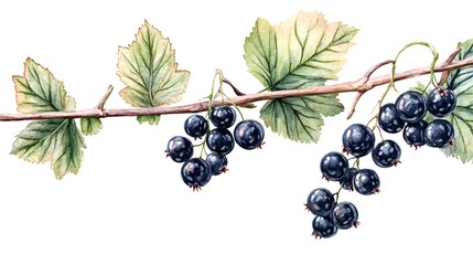 Fototapeta premium Hand-painted black currant branch with leaves.