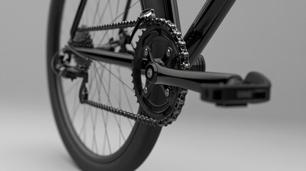 Obraz premium Close-up of a sleek, black bicycle's drivetrain, showcasing the chain, crankset, and pedals against a neutral background