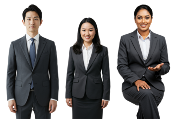 Three diverse business professionals, two Asian (male and female) standing and one South Asian female sitting, all wearing grey suits against a transparent background.