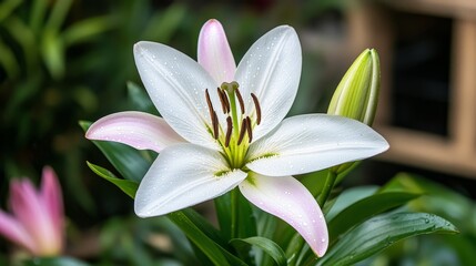 Fototapeta premium Rain-Kissed Lilies in a Lush Green Garden with Vibrant Flora and Serenity