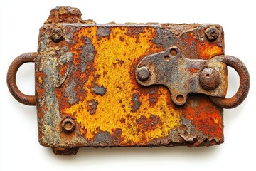 Rusty,  yellow-orange metal lock.  Old,  damaged,  mechanical  device