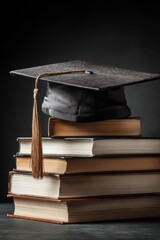 Graduation Cap and Tassel on Stack of Books Still Life Composition Dark Background Education Success Achievement