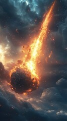 Fiery celestial body impacting space clouds.