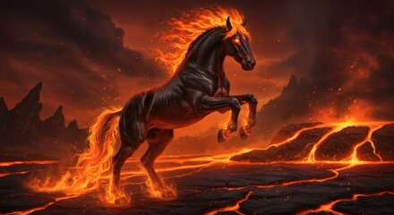 Obraz premium Horse Rearing Surrounded by Molten Lava Landscape