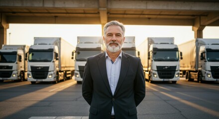 Confident leader standing before fleet of trucks at sunrise for industrial business and logistics concept