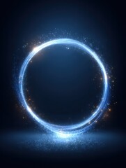 Glowing Blue Circle of Light Rings with Sparkles on Dark Background Abstract Concept