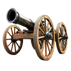 Antique cannon with wooden wheels.  Powerful, historical, military equipment