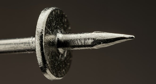 Close-up Macro Photography of a Metallic Nail, Detailed Texture and Sharp Point, Industrial Design Element
