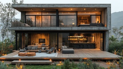 Modern concrete house with spacious deck.  Exterior of a contemporary two-story home featuring a large wooden deck,  gray concrete walls,  and large windows.