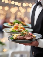 Waiter Carrying Plates of Food at Elegant Event Close Up View of Delicious Meal Service