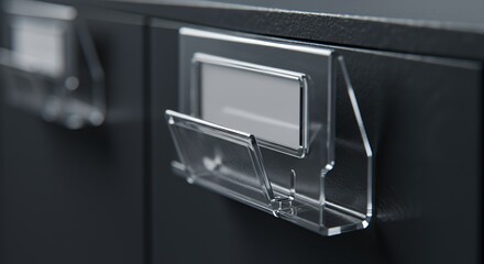Obraz premium Close-up of a Transparent Acrylic File Holder Attached to a Dark Grey Filing Cabinet