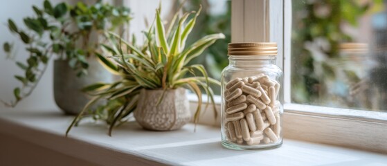 Capsules in a Glass Jar on Windowsill with Potted Plants in Natural Light Still Life Close Up Shot