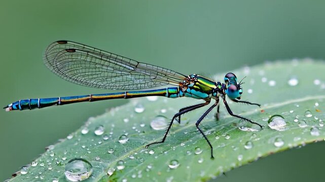 Close-up of a dragonfly on a water lily pad. Ideal for nature themes, insect visuals, and macro photography. Detail, vibrant.