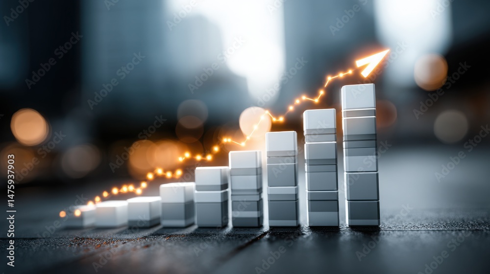 Poster a building featuring a lit up arrow signifying direction and progress in digital expansion pathways 