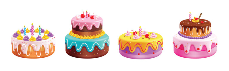 Birthday cake elements clipart set. Happy birthday cake fondant with assorted flavor clip art collection whole and layer realistic delicious dessert vector illustration.
