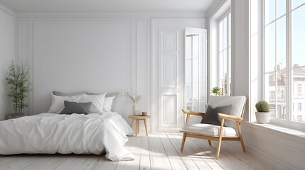 Cozy modern white bedroom with a clear light and elegant wooden chair in a new hotel apartment