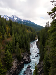 Obraz premium The mountain taiga and river in the canyon. River Omulyovka. Magadan Region. Russia.