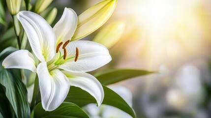 Fototapeta premium Elegant White Lily Flower Blooming with Soft Background in a Modern Cityscape