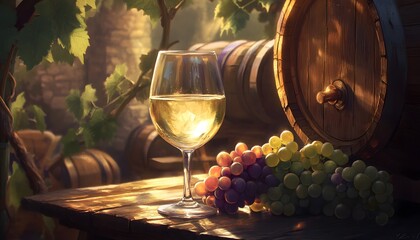 Golden wine glass and grapes amidst a rustic vineyard.
