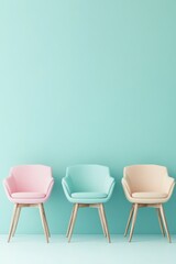 Obraz premium Pastel Chairs Against Aqua Wall Interior Design Studio Shot Three Chairs in a Row Furniture Arrangement