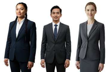 Studio portrait of three diverse young adult business professionals, two women (Asian and Caucasian) and one Asian man, wearing formal suits against a transparent background