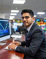 A professional man in a tailored suit sits at a sleek desk, focused on his laptop, surrounded by office supplies and a modern workspace ambiance.