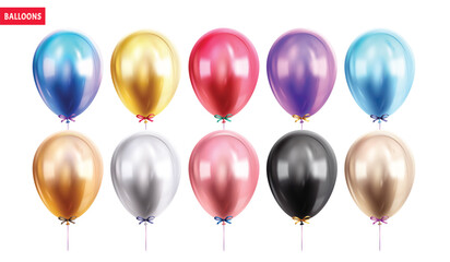 Balloons birthday metallic elements clipart set. Colorful latex balloon shiny and glossy clip art collection with ribbon for birthday, anniversary and wedding celebration vector illustration.
