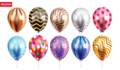 Balloons printed metallic clipart set. Colorful printed pattern balloons clip art elements collection latex, glossy and shiny object for birthday party celebration vector illustration.  © Zeinous