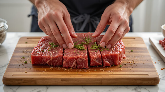 How to cook cube steak preparation process with hands tenderizing raw beef on wooden cutting board with herbs and seasonings in bright kitchen setting