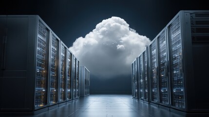 Data Center Servers Hosting Cloud Computing Architecture Perspective View in Dark Environment for IT Infrastructure