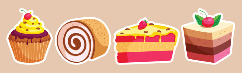 Birthday cupcake stickers clipart set. Cake sticker for birthday and anniversary dessert icon clip art collection with assorted flavor printable elements vector illustration.
